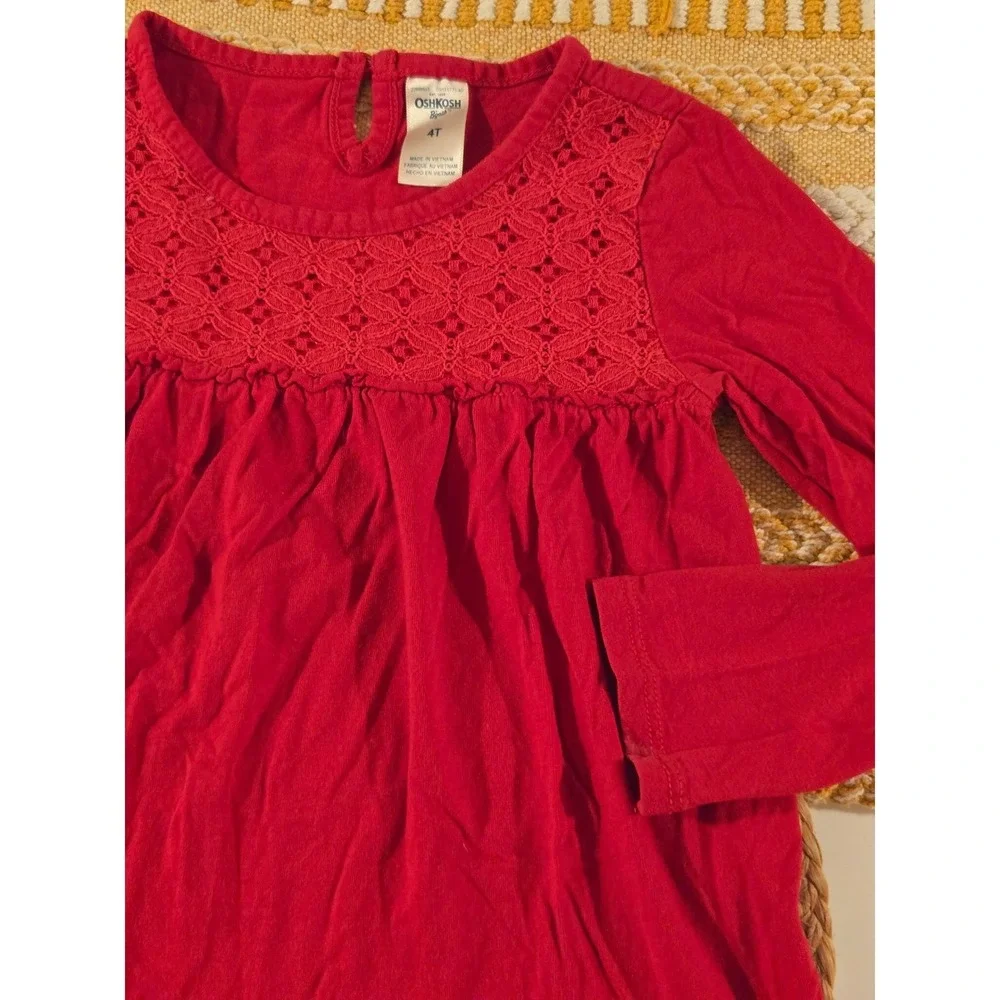 OshKosh B'gosh Red Lace Yoke Long Sleeve Top‎ Tunic Girls Size 4T